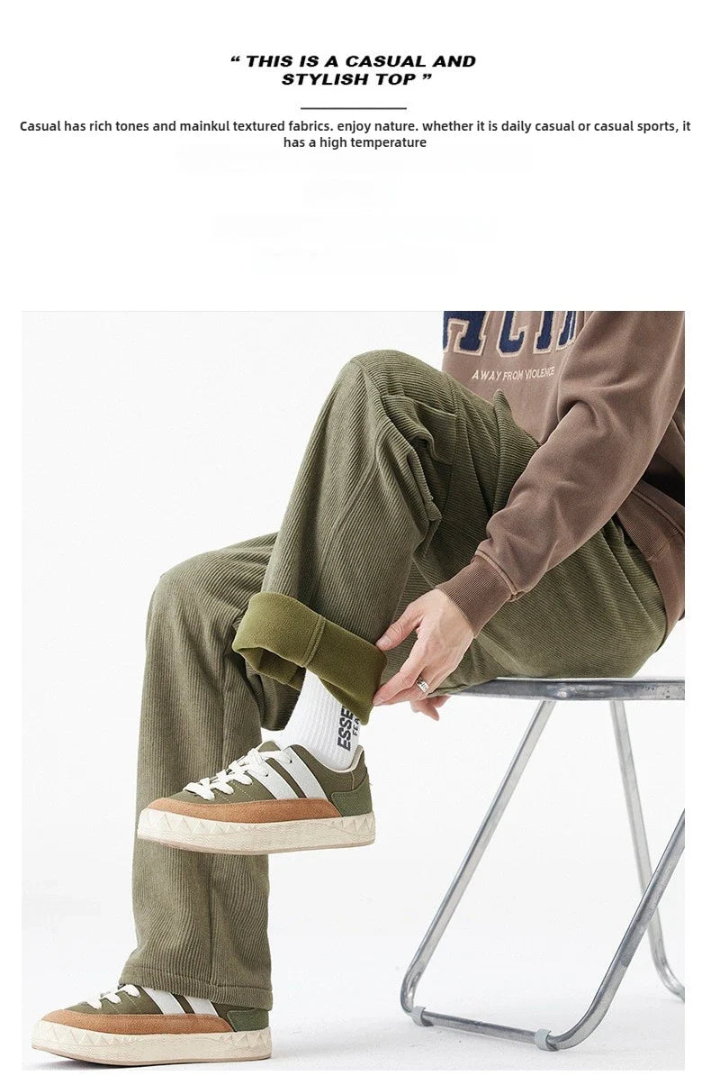 2026 New in Winter Corduroy Pants Men Straight Wide Leg Cargo Trouser Male Elastic Waist Loose Fit Thick Brown Warm Fleece Plush