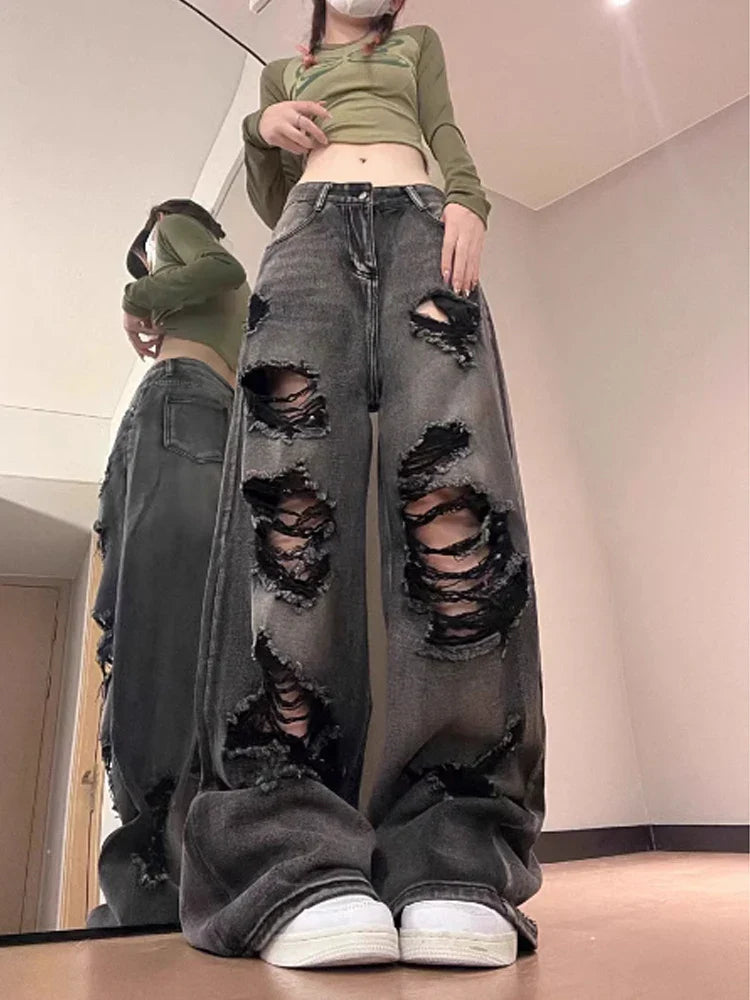 Women's Ripped Jeans Baggy Vintage Aesthetic Streetwear Cowboy Pants Harajuku Oversize Denim Trousers Y2k 2000s Trashy Clothes