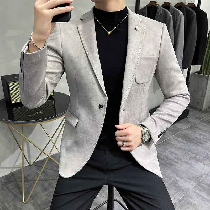 Men's Deerskin Fleece Suit Jacket 2025 Spring New High Quality Single Button Slim Fit Business Casual Suit Coat  Men Clothing