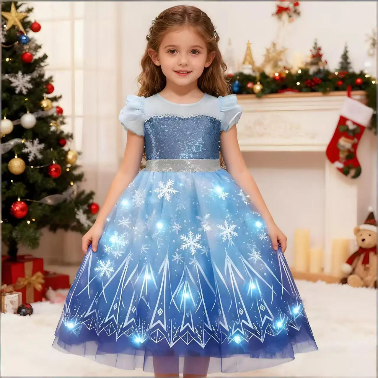 2026 Disney Elsa Costume for Girls Light-Up Frozen Snow Queen Dress With LED Lights Fancy Frock for Kids Birthday Party Set