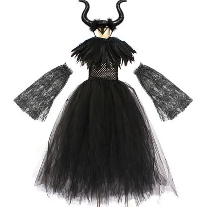 Halloween Maleficents Costume for Girls Evil Queen Dress Up Costumes Witch Devil Black Tulle Mesh Princess Dress Cosplay Clothes