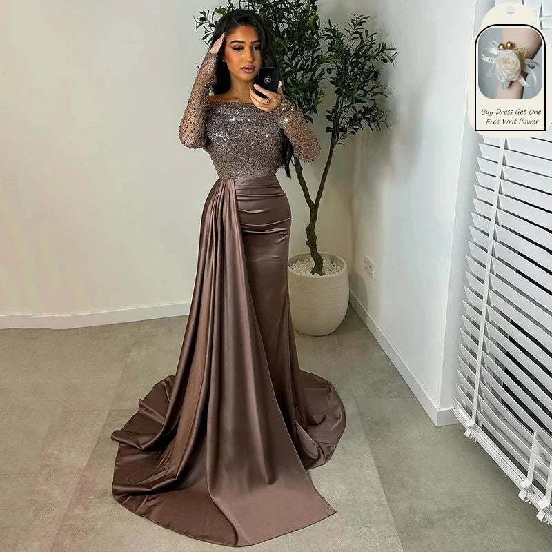 Sexy Mermaid Prom Evening Dresses Saudi Arabia Sequines Long Sleeves Night Party Dress Cocktail Prom Gowns Customized