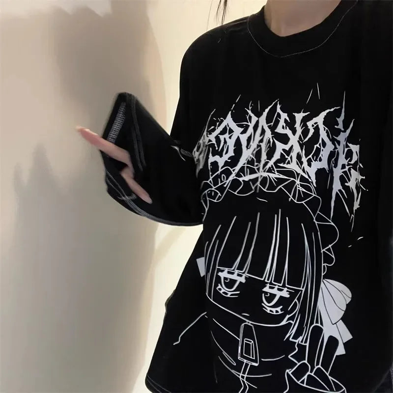 Harajuku Kawaii T-Shirt Women Sweet Japanese Gothic Subculture Loose Letter School Student Tees Long Sleeve Top Spring Outwear