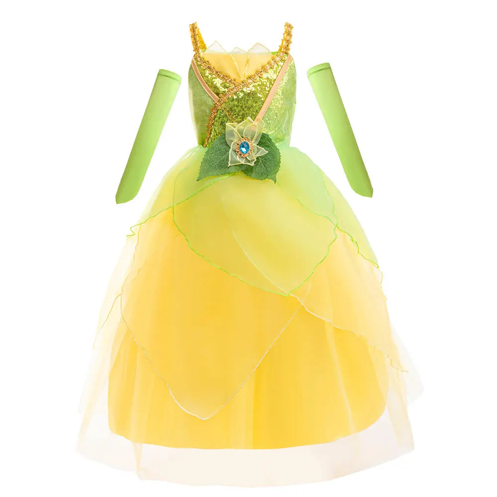 2026 Fairy Tale Fancy Princess and Frog Costume Play Tiana Ball Gown with Gloves Deluxe Suspender Dress 2 4 5 7 8Y Girl Carnival