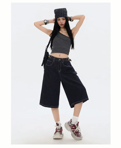 American High Street Fashion Loose Denim Shorts Retro Wide Leg Crop Pants Women Y2k High Waisted Embroidery Casual Mid Trouser