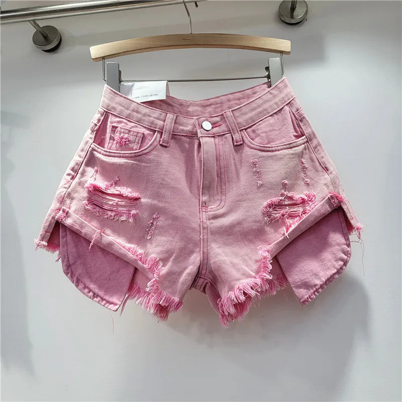 2026 Summer New Women's Pink Hole Denim Shorts High Waist Slimming Spicy Girl A-line Ragged Edge Shorts