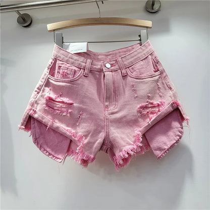 2026 Summer New Women's Pink Hole Denim Shorts High Waist Slimming Spicy Girl A-line Ragged Edge Shorts
