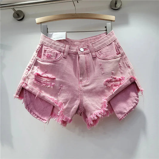 2026 Summer New Women's Pink Hole Denim Shorts High Waist Slimming Spicy Girl A-line Ragged Edge Shorts