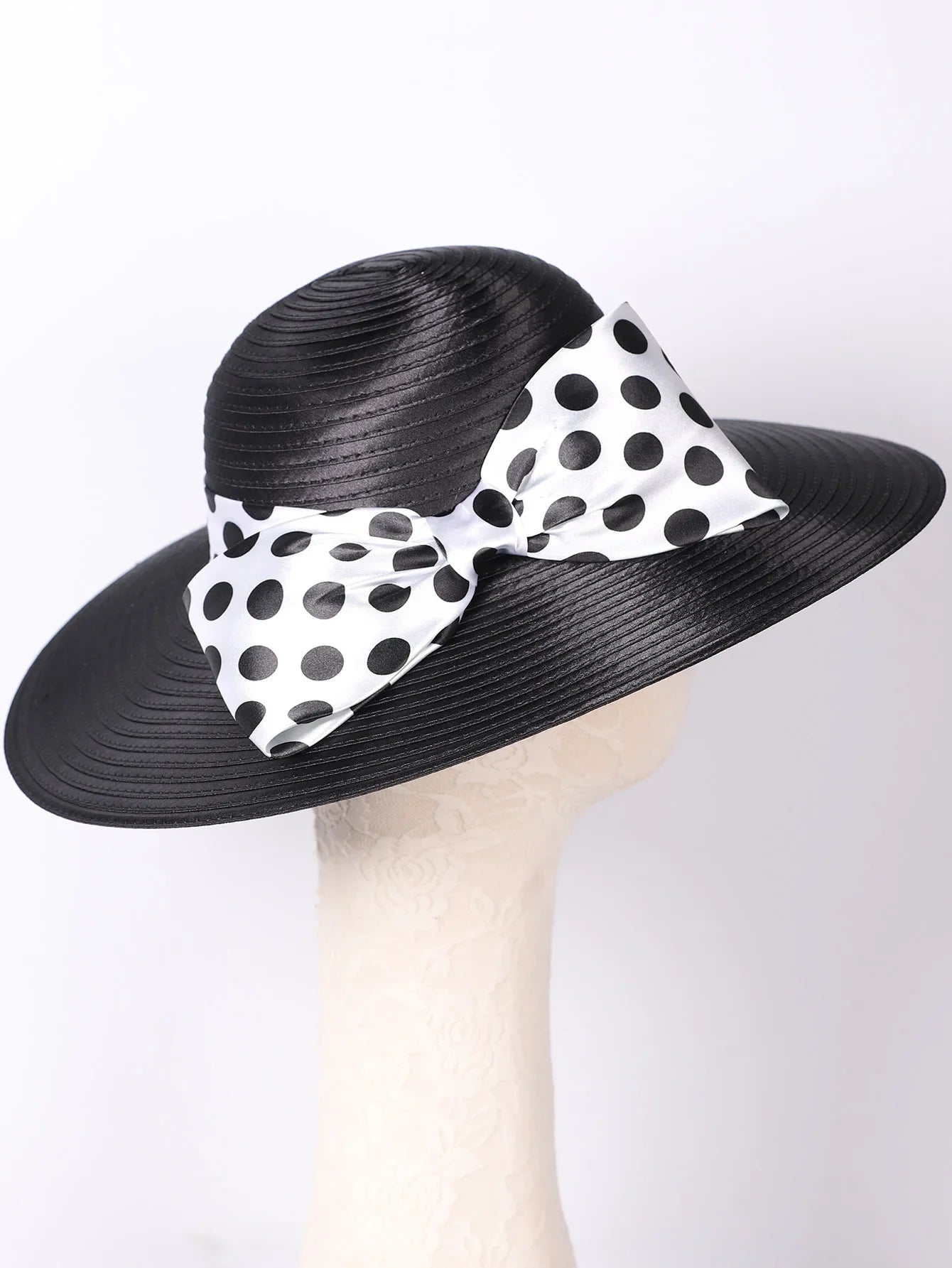 Elegant Women Wide Brim Rose Black Patchwork Polka Dots Kentucky Hat For Wedding Party Hat Big Bowknot Fedora Beach Cap
