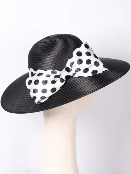 Elegant Women Wide Brim Rose Black Patchwork Polka Dots Kentucky Hat For Wedding Party Hat Big Bowknot Fedora Beach Cap