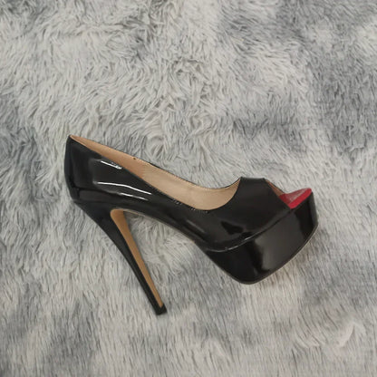 Women Pumps Sexy Peep Toe Platform 14cm Super High Heels Patent Leather Shoes Red Wedding Stilettos Large Size 44
