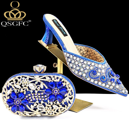 Nigerian Design Comfortable Women's Shoes with Diamond Oval Bag Women's High Heels for Party or Work