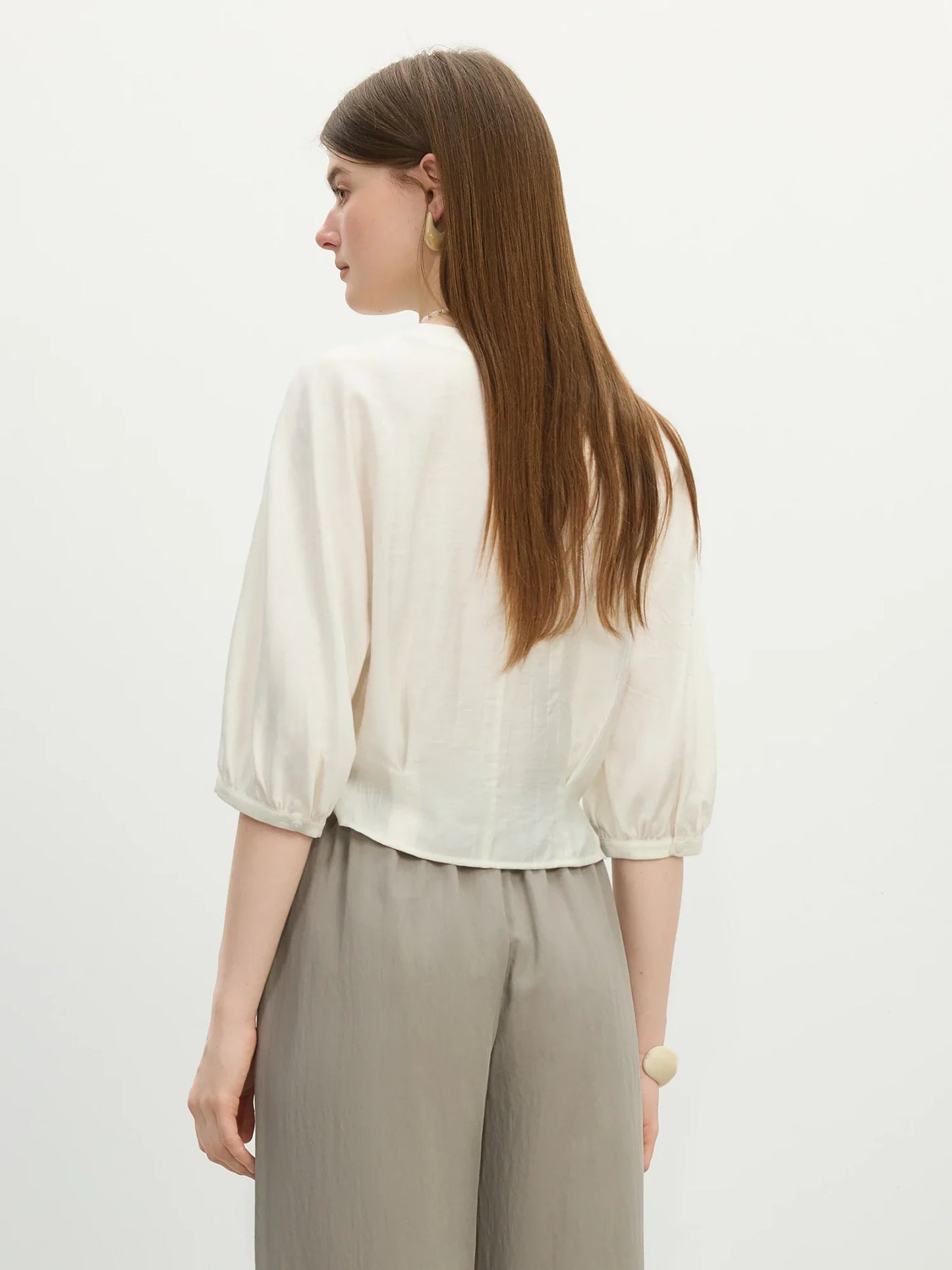 V-Neck Relaxed Casual Design Women's Short Sleeve Linen Shirt - 2025 Summer New Arrival Shirts For Women 25FS12418