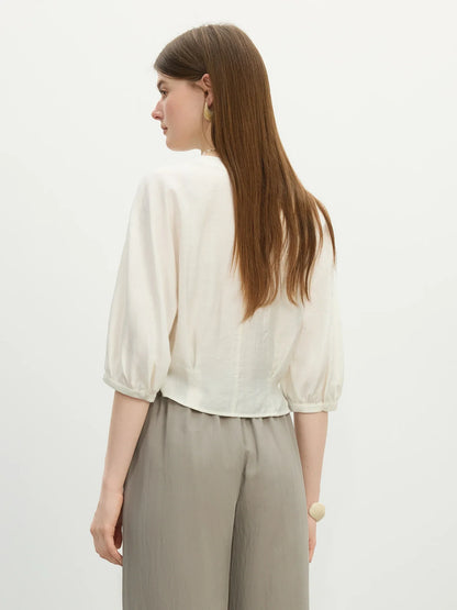 V-Neck Relaxed Casual Design Women's Short Sleeve Linen Shirt - 2025 Summer New Arrival Shirts For Women 25FS12418