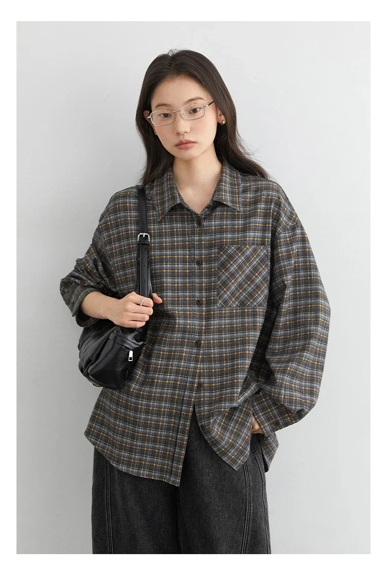 New Women Shirt Loose Casual Long Sleeved Vintage Thick Sanding Female Plaid Blouses Single-breasted Autumn Winter 2026