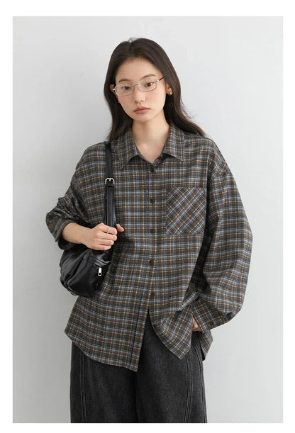 New Women Shirt Loose Casual Long Sleeved Vintage Thick Sanding Female Plaid Blouses Single-breasted Autumn Winter 2026