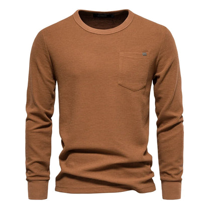 Men's Waffle Cotton Long Sleeve T-Shirt - Solid Color Single Pocket Design, Autumn Basic Breathable Top for Casual Outfits