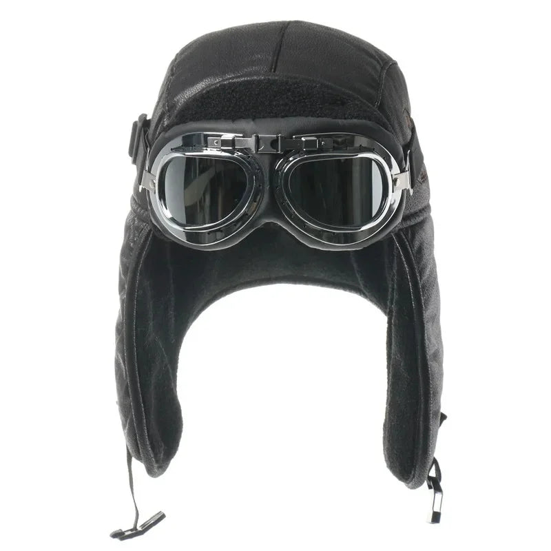 Men Winter Bomber Hat With Goggles Outdoor Motorcycle Windproof Warm Faux Fur Pilot Earflap Hat Leather Thermal Ushanka