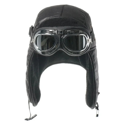 Men Winter Bomber Hat With Goggles Outdoor Motorcycle Windproof Warm Faux Fur Pilot Earflap Hat Leather Thermal Ushanka