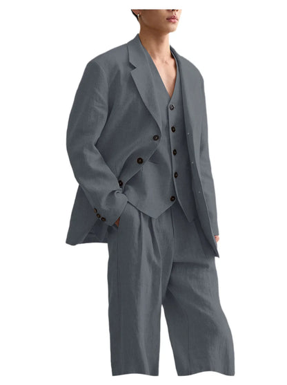 Men's Linen Suit Classic Notch Lapel 3 piece(Blazer+Vest+Pants)Breathable Wide Leg Trousers for Groom Spring Summer Party