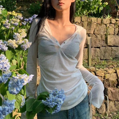 Y2K Sexy See Through Hooded T-Shirt Women Summer Sun Protection Long Sleeve V-Neck Sheer Top Harajuku Streetwear White Tee 2026
