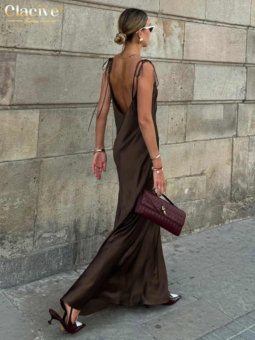 Fashion Loose Brown Satin Womens Dresses 2025 Summer Strap Sleeveless Floor Length Dress Sexy Backless Female Dress
