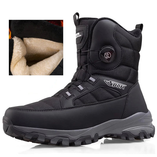 Rotating Button Men's Snow Boots Warm Plush Winter Boots Men Outdoors Cotton Shoes Wear resistant Mid-Calf Boots Platform Shoes