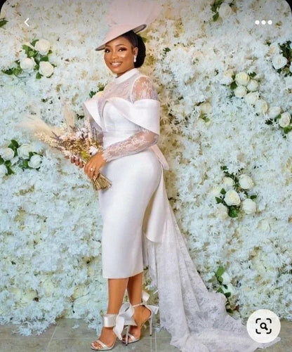 Elegant White Short Wedding Dresses Mermaid Lace Long Sleeves Tea Length Satin Classic African Women Prom Bridal Party Gown 2024