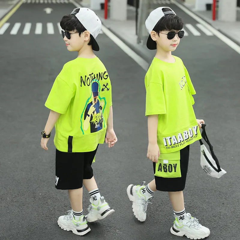 Kpop Boys Clothes Sets 2026 Summer Teen Kids Fashion Letter Print Short Sleeve T-shirt+Shorts 2Pcs Children Tracksuit Outfits