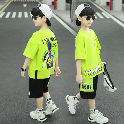 Kpop Boys Clothes Sets 2026 Summer Teen Kids Fashion Letter Print Short Sleeve T-shirt+Shorts 2Pcs Children Tracksuit Outfits