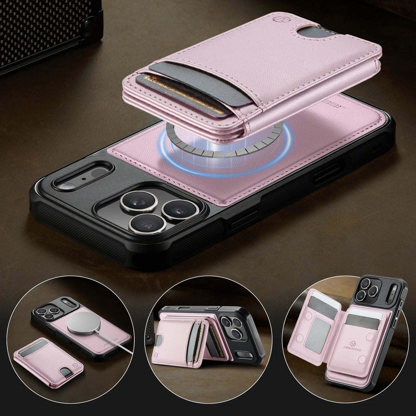 2 في 1 محفظة جلد مغناطيسية حافظة فتحات بطاقات لهاتف iPhone 17 Pro Max 16 15 Plus 14 13 12 11 مع مسند هوائي وغطاء حقيبة Magsafe