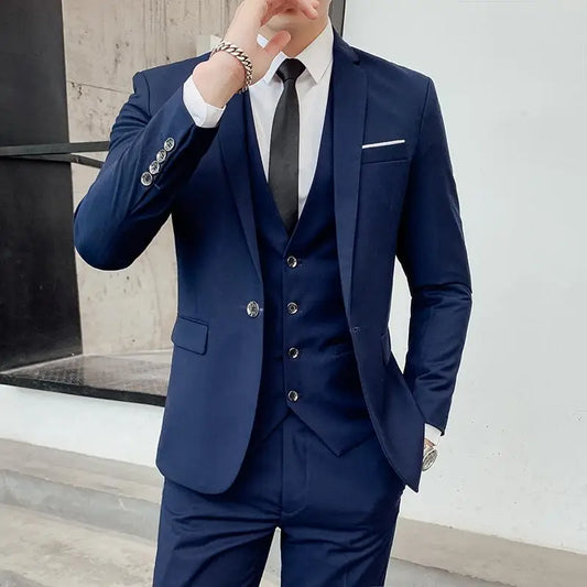 High-End Brand Solid Color Formal Business Office Suit  Blazer Vest Pants Three-Piece Set for Groom Wedding Show Dress Party