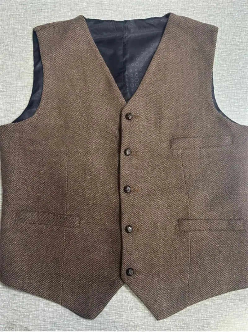 Vintage Men's Suit Vest V Neck Wool Herringbone Tweed Casual Classic Slim Fit Waistcoat Formal Business Wedding Groomsmen