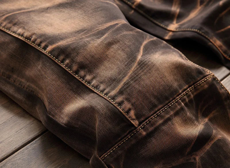 2026 Men's Fashion Vintage Jeans Slim Straight Leg Tie Dye Pleated Biker Denim Pants Male Casual Pants Oversized 42 High Quality
