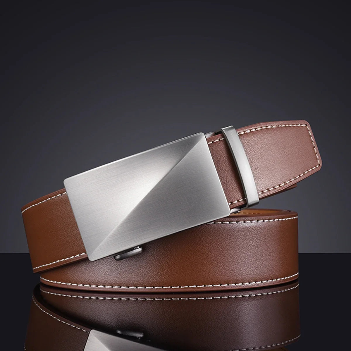 Men's Cowhide Belt, Business Casual Smooth Belt, Coffee Brown Genuine Leather Automatic Blue Middle-Aged Pants Belt