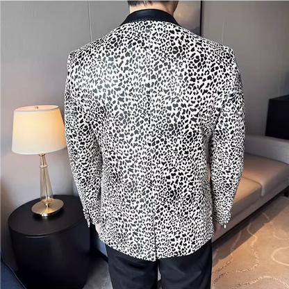 Splicing Leather Neck Casual Suit Jacket Fashion Leopard Men's Business Slim Fit Social Formal Blazers Wedding Groom Tuxedos