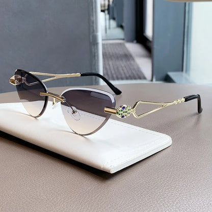 Rimless Cut Edge Cat Eye Sunglasses Gem Inlay Hollow Metal Temple UV400 Gradient Lens Shades for Women Daily Outdoor Sun Glasses