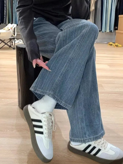 Retro Texture Wide Leg Denim Pants Loose Drapey Straight Long Trousers for Women High Waist Zipper Closure Casual Sle