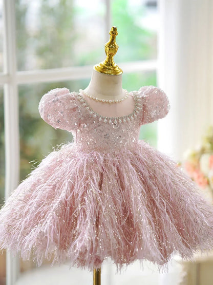 Fashion Baby Girl Princess Sequins Feather Dress Puffy Sleeve Toddler Child Pearl Vestido Party Birthday Baby Clothes 2-14Y
