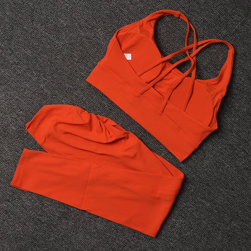 TRY TO BN Women's Tracksuit Sports Bra Fitness Yoga Set V Back Leggings High Waist Sportswear Workout Sets Cycling Gym Clothing