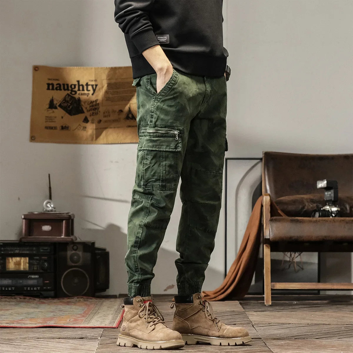 Length Men's Cargo Pant Cotton Stretch Casual Camouflage Trouser Male Camo Cuff Jogger Multi Zip Pocket Outfit Zipper Tied