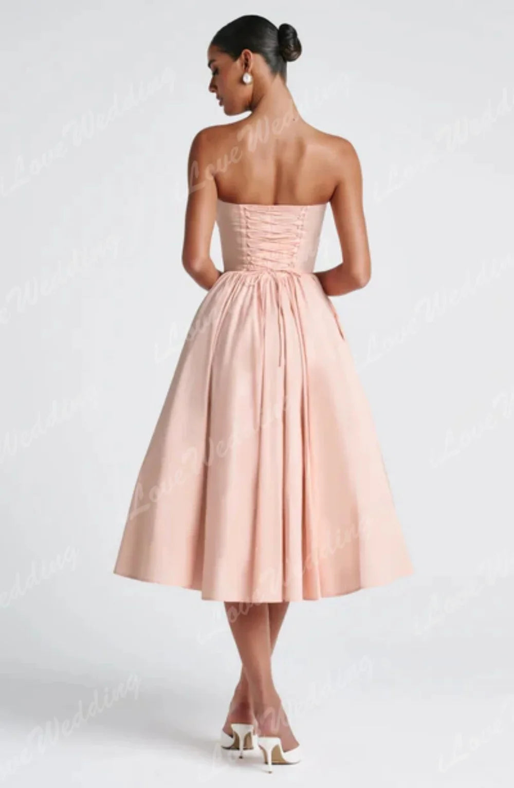 Pink Simple Strapless Prom Gowns Sweetheart Backless Satin A-Line Tea Length Birthday Evening Dress Vestidos De Festa Customized