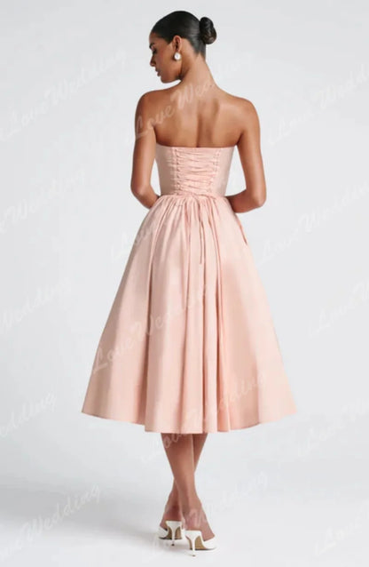Pink Simple Strapless Prom Gowns Sweetheart Backless Satin A-Line Tea Length Birthday Evening Dress Vestidos De Festa Customized