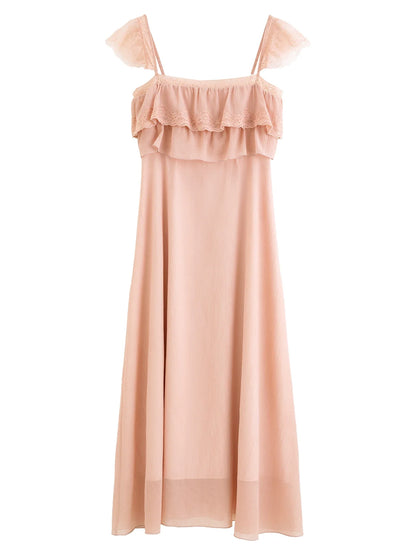 2026 Summer Women's Cap Sleeve Ruffle Hem Slip Dress, Slim Fit Flowy Maxi Dress for Y2K Coquette & Romantic Vacation Style