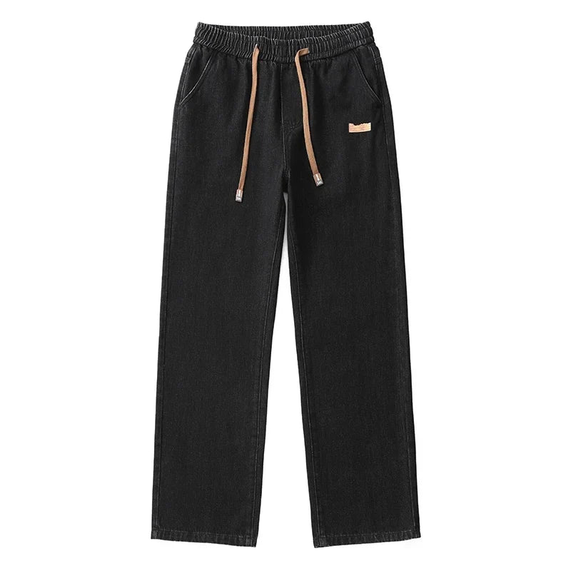 Men Dark Blue Blue Stretch Elastic Waist Denim Pants Streetwear Loose Full Length Trousers Straight Wide Leg Drawstring Jeans