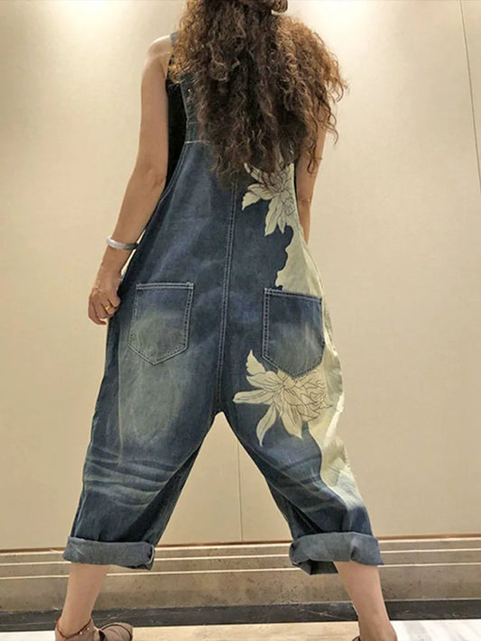 2025 Females Fashion Overalls Ladies Summer Printed Denim Pantalons Vintage Casual Jeans Womens Loose Vintage Trousers