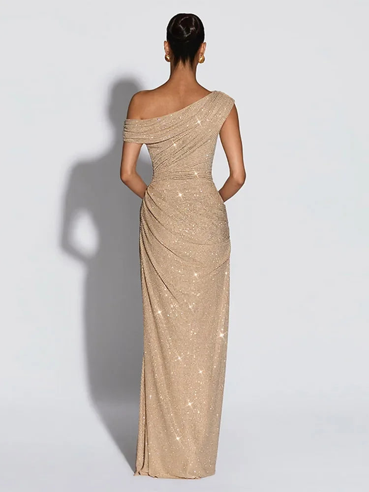 Women's Luxury Nude Sequin Mermaid Prom Dress Off-shoulder Ruched Sparkly Crystals Formal Party Gown Floor-length Evening Dress