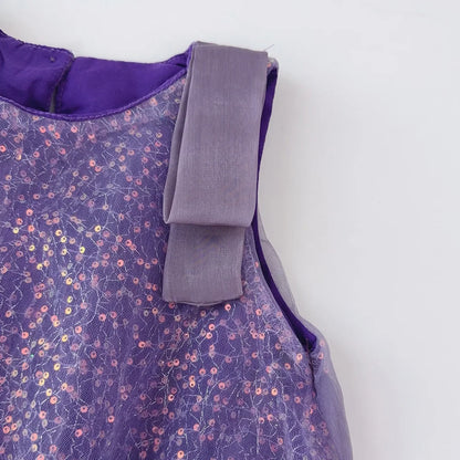 Summer New Girls' Sequined Lace Bow Bubble Princess Dress Korean Version Fashionable Solid Color Kids Clothes 2-7 Years Old