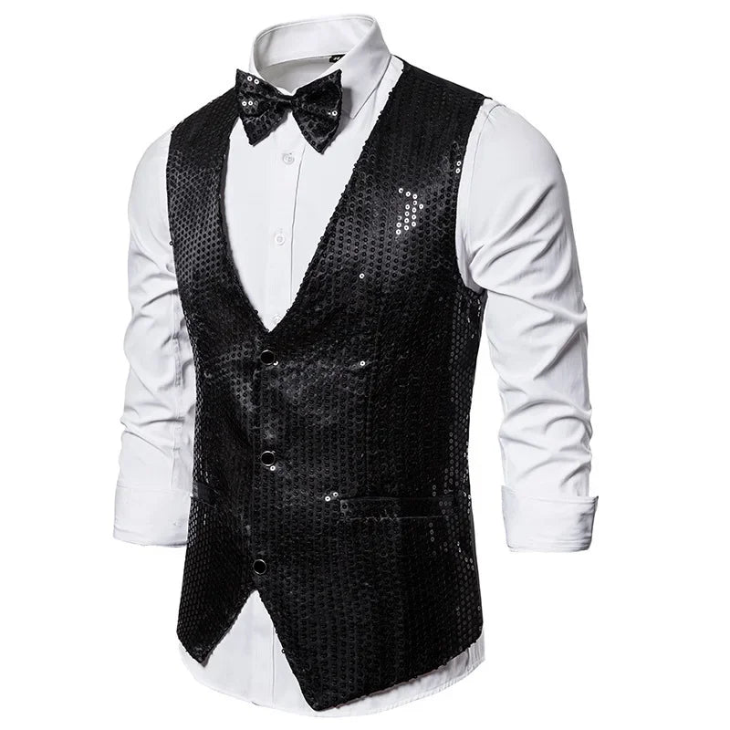 New Gold Sequin Vest Men's Single-breasted V-neck Sleeveless Vests Coat Wedding Party Waistcoat Silver Blue Purple Red Tops