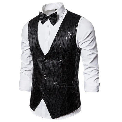 New Gold Sequin Vest Men's Single-breasted V-neck Sleeveless Vests Coat Wedding Party Waistcoat Silver Blue Purple Red Tops